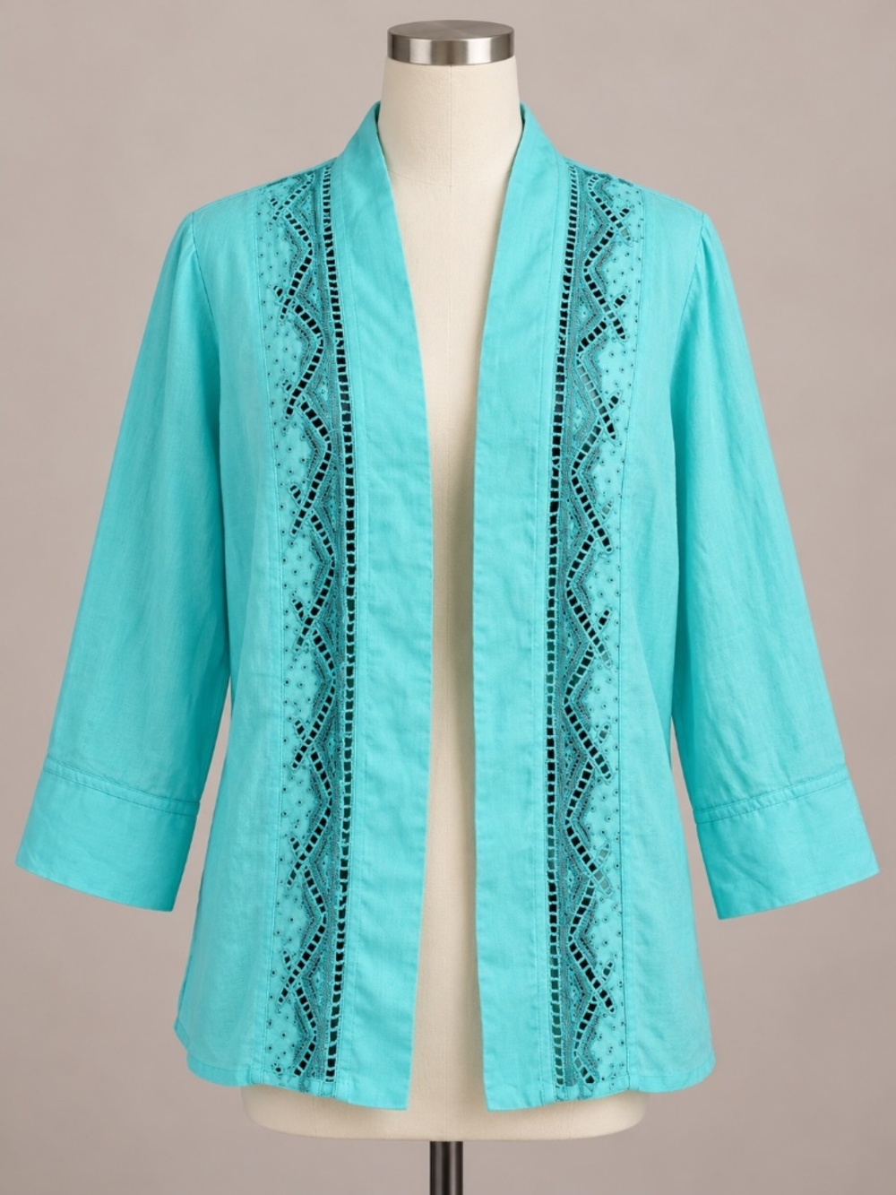 Chico’s Turquoise Open-Front Embroidered 100% Linen Jacket - Picture 1 of 4